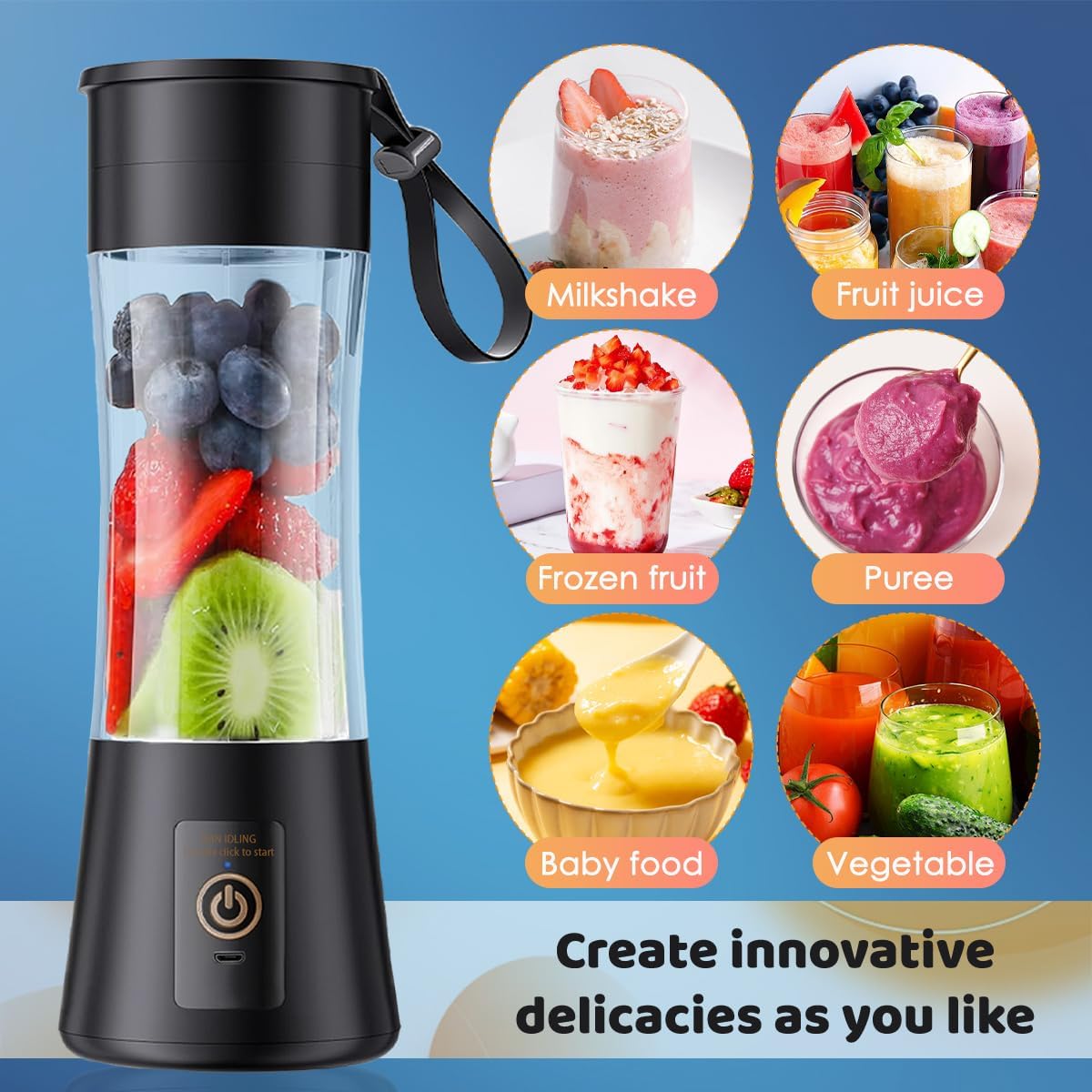 Portable USB Blender – 6-Blade Mini Smoothie Maker for Travel, Gym & Office (380ml, Black)