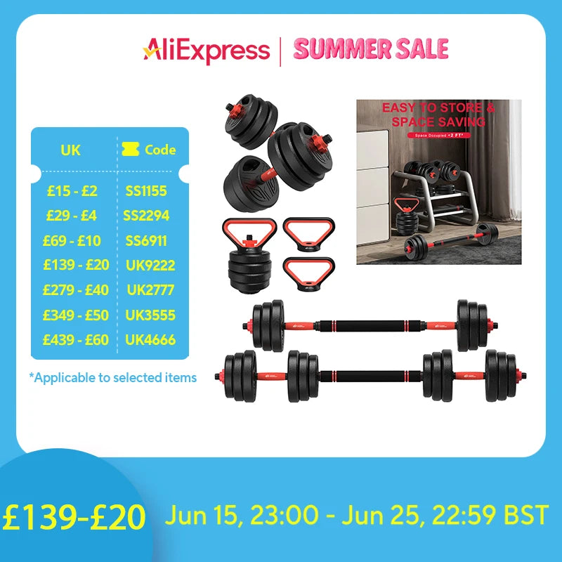 3-in-1 Adjustable Dumbbell & Barbell Set (20KG) – Full Body Home Gym System with Plastic-Coated Weight Plates