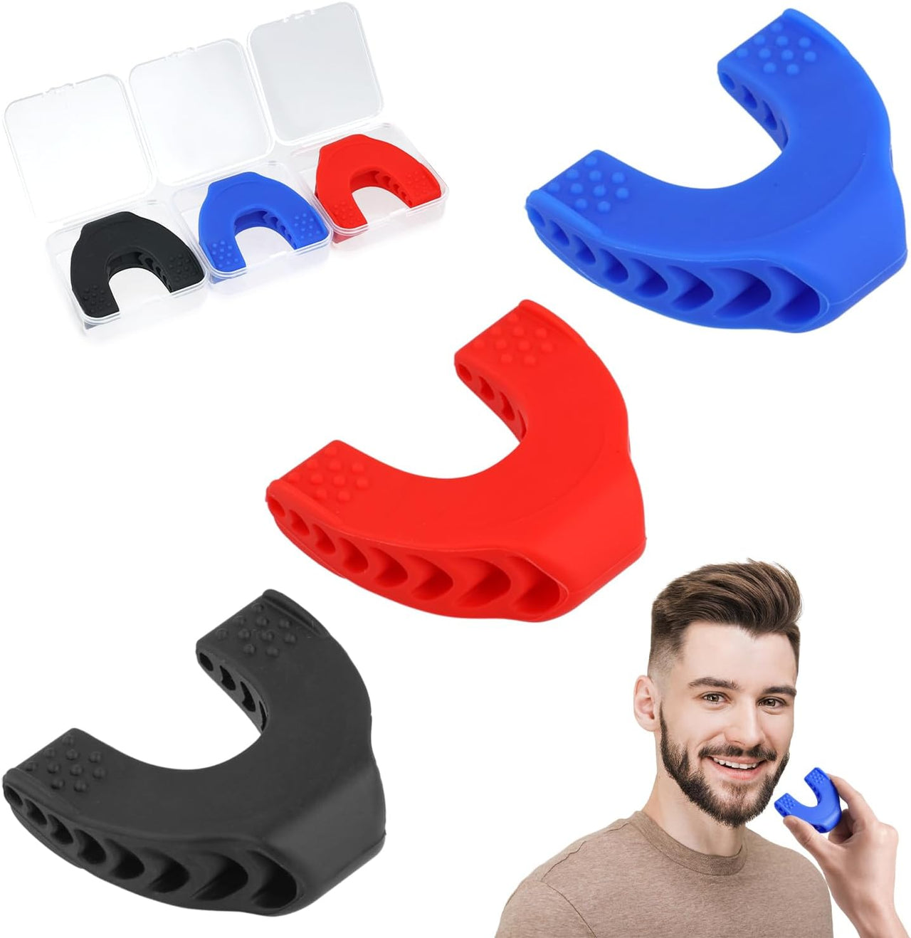 3Pcs Silicone Jaw Exerciser for Men & Women, 3 Resistance Level Jawline Trainer Strengthener & Tighten Facial Muscle Jaw Shaper Toner for Beginner Intermediate Advanced User (Black, Red, Blue)